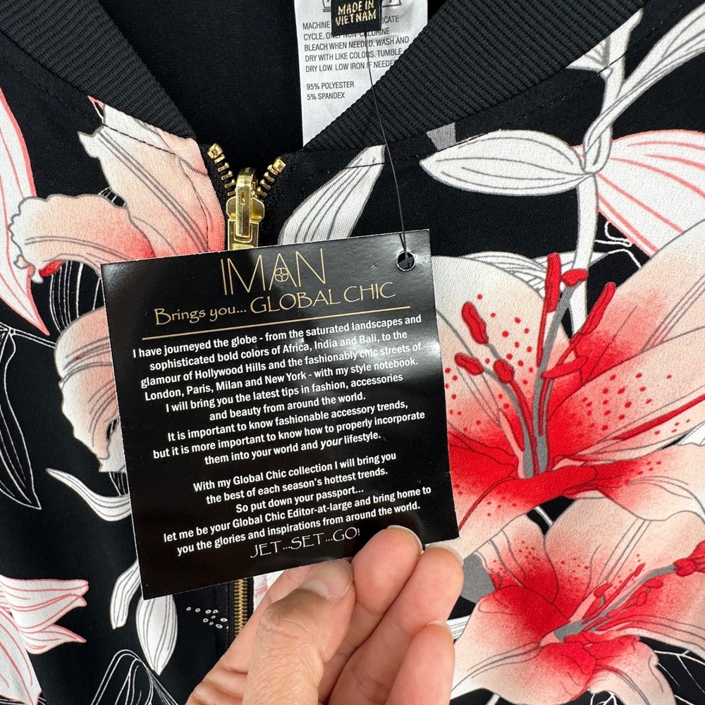 IMAN Global Chic Floral Bomber Jacket Black Red Tropical Lily Print Size XL NWT - Picture 4 of 14
